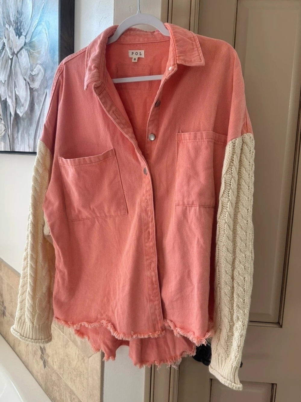 POL Coral Button-Front Jacket with Cream Cable-Knit Sleeves